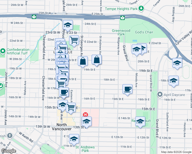 map of restaurants, bars, coffee shops, grocery stores, and more near 254 18th Street East in North Vancouver