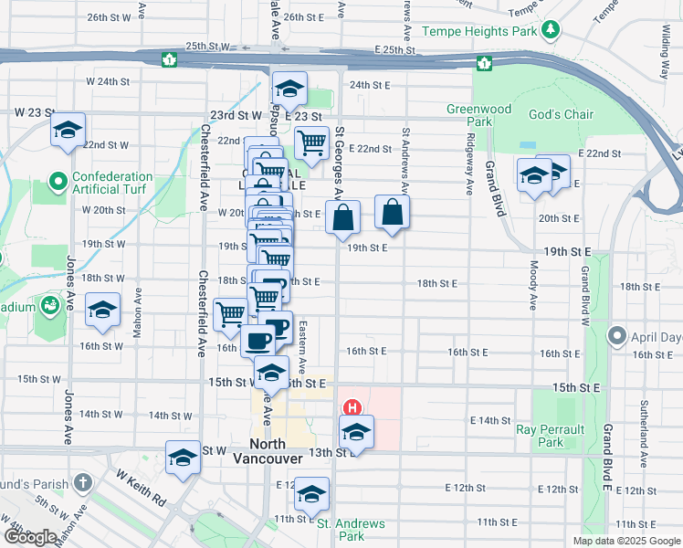map of restaurants, bars, coffee shops, grocery stores, and more near 1820 Saint Georges Avenue in North Vancouver