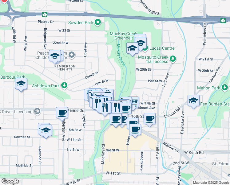 map of restaurants, bars, coffee shops, grocery stores, and more near 1001 Keith Road West in North Vancouver