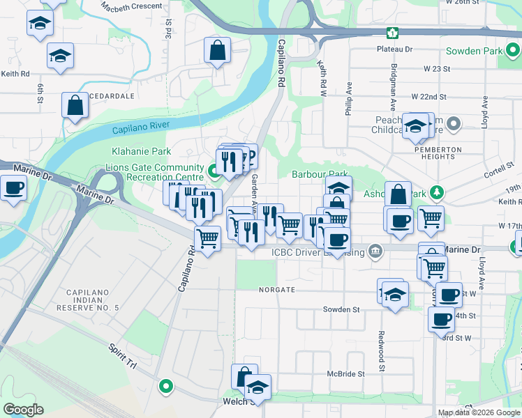 map of restaurants, bars, coffee shops, grocery stores, and more near 1756 Garden Avenue in North Vancouver