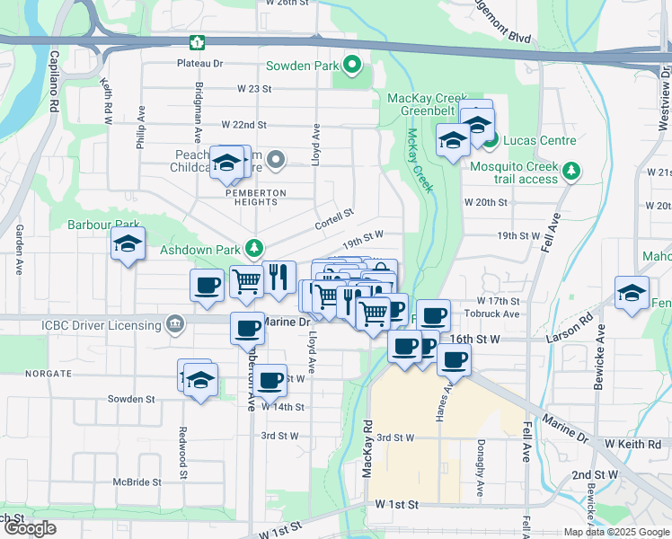 map of restaurants, bars, coffee shops, grocery stores, and more near 1095 Keith Road in North Vancouver