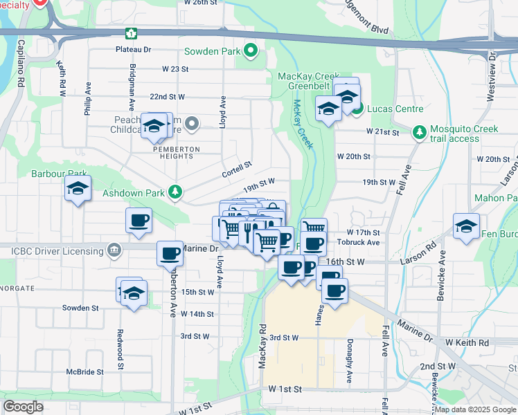 map of restaurants, bars, coffee shops, grocery stores, and more near 1039 Keith Road in North Vancouver