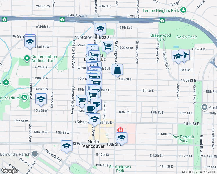 map of restaurants, bars, coffee shops, grocery stores, and more near 146 18th Street East in North Vancouver