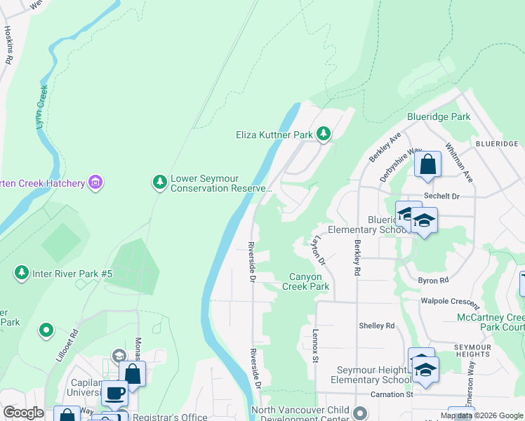 map of restaurants, bars, coffee shops, grocery stores, and more near 2000 Riverside Drive in North Vancouver