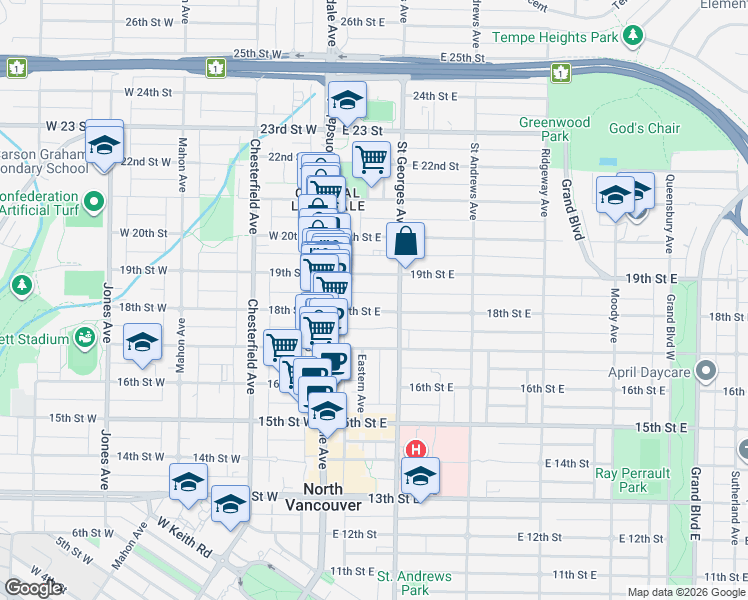 map of restaurants, bars, coffee shops, grocery stores, and more near 146 18th Street East in North Vancouver