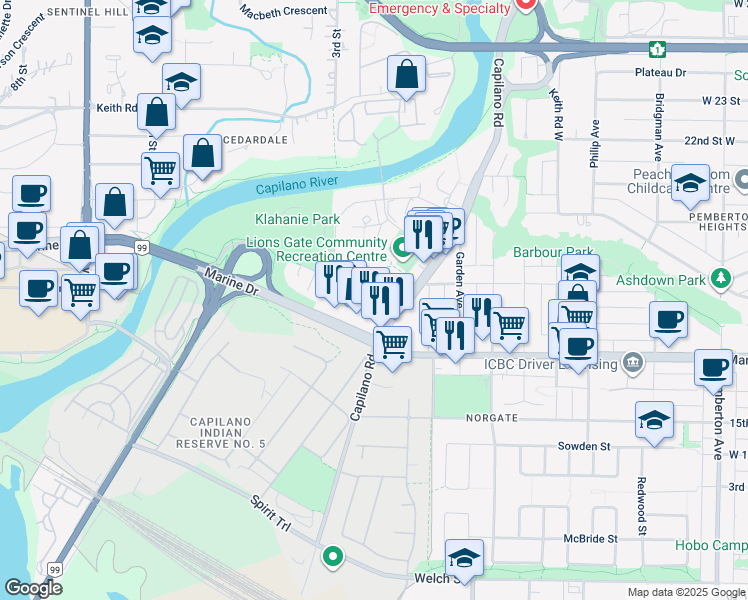 map of restaurants, bars, coffee shops, grocery stores, and more near 1675 Lions Gate Lane in North Vancouver
