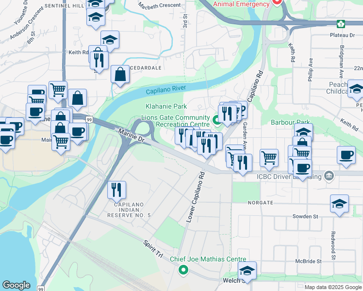 map of restaurants, bars, coffee shops, grocery stores, and more near 303 Marine Drive in North Vancouver