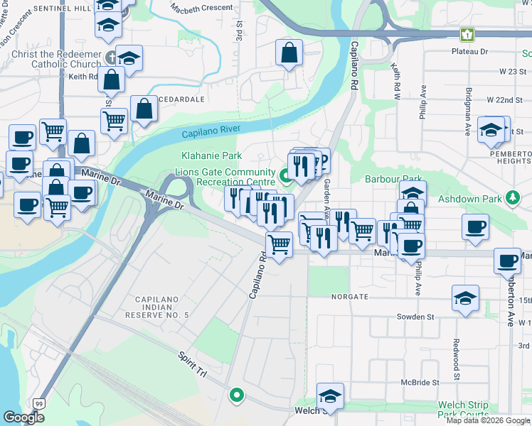 map of restaurants, bars, coffee shops, grocery stores, and more near 1675 Lions Gate Lane in North Vancouver