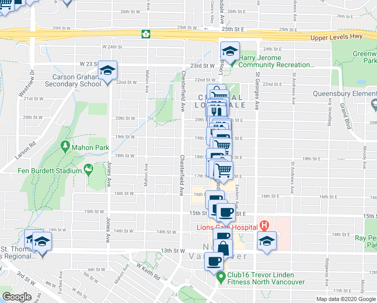 map of restaurants, bars, coffee shops, grocery stores, and more near in North Vancouver