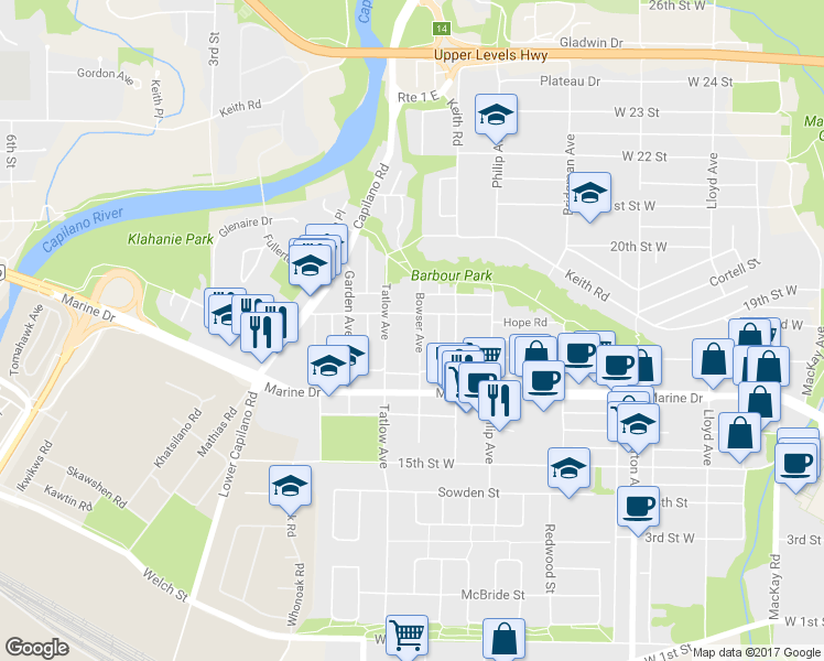 map of restaurants, bars, coffee shops, grocery stores, and more near 1666 Hope Road in North Vancouver