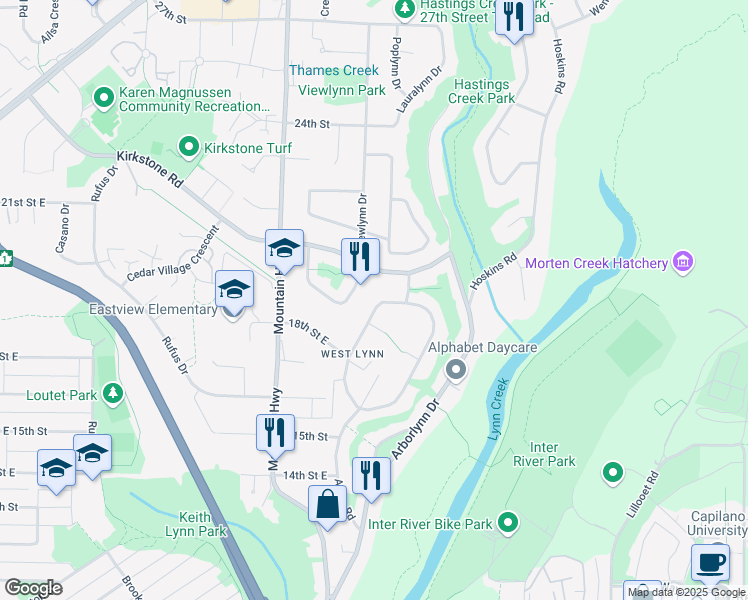 map of restaurants, bars, coffee shops, grocery stores, and more near 1923 Alderlynn Drive in North Vancouver