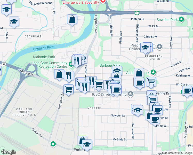 map of restaurants, bars, coffee shops, grocery stores, and more near 1746 Tatlow Avenue in North Vancouver
