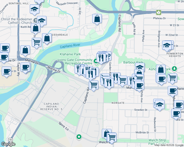 map of restaurants, bars, coffee shops, grocery stores, and more near 1671 Lions Gate Lane in Metro Vancouver