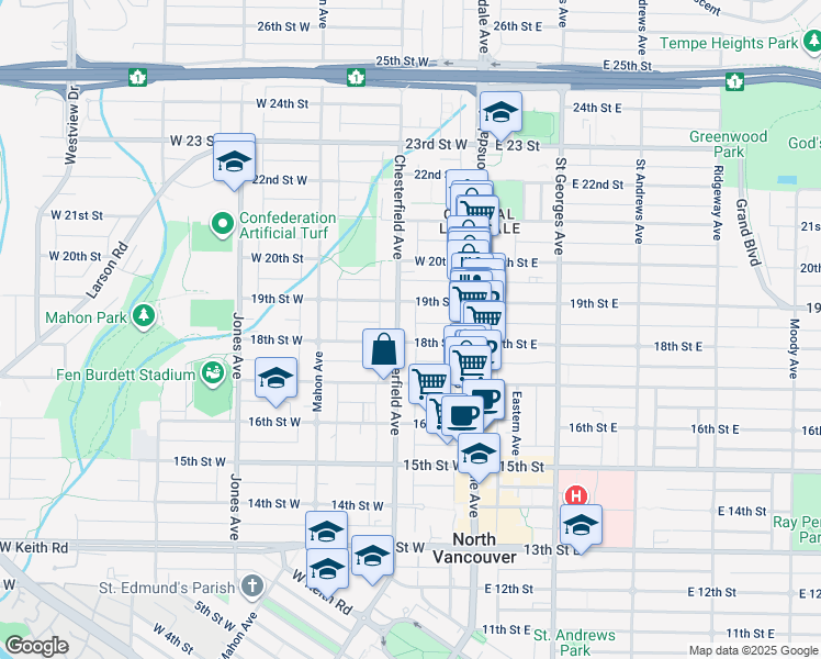 map of restaurants, bars, coffee shops, grocery stores, and more near 1818 Chesterfield Avenue in North Vancouver