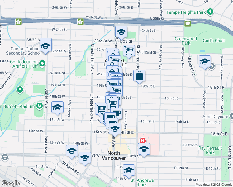 map of restaurants, bars, coffee shops, grocery stores, and more near 1822 Lonsdale Avenue in North Vancouver