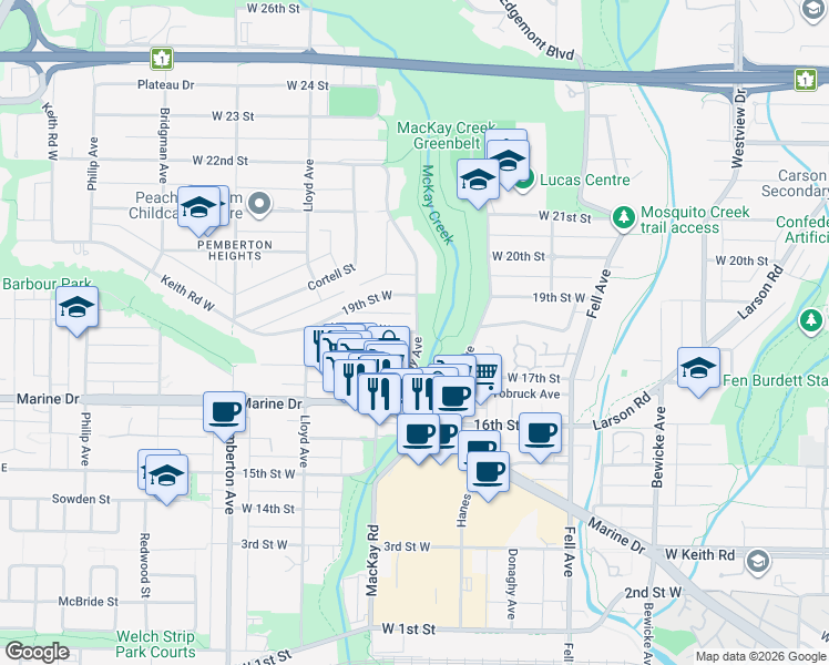 map of restaurants, bars, coffee shops, grocery stores, and more near 599 Keith Road West in North Vancouver