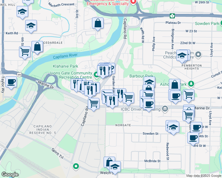 map of restaurants, bars, coffee shops, grocery stores, and more near 1781 Garden Avenue in North Vancouver