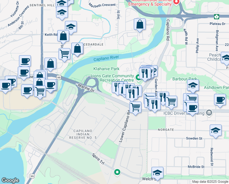 map of restaurants, bars, coffee shops, grocery stores, and more near 200 Klahanie Court in North Vancouver