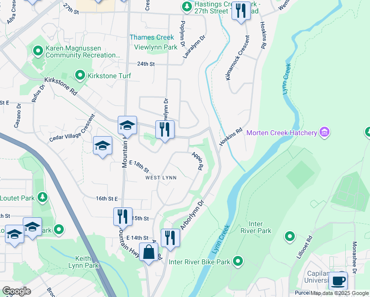 map of restaurants, bars, coffee shops, grocery stores, and more near 1975 Alderlynn Drive in North Vancouver