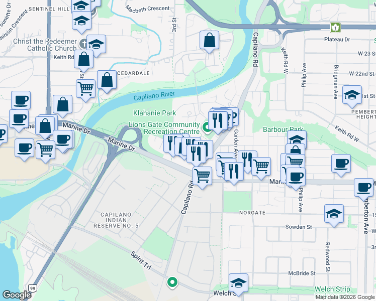 map of restaurants, bars, coffee shops, grocery stores, and more near in North Vancouver