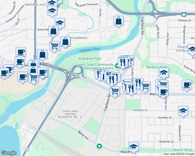 map of restaurants, bars, coffee shops, grocery stores, and more near 200 Klahanie Court in North Vancouver
