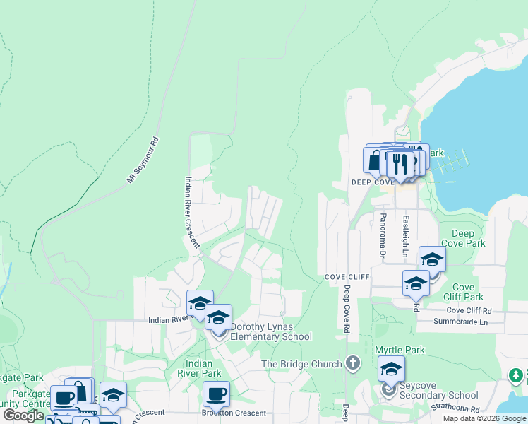 map of restaurants, bars, coffee shops, grocery stores, and more near 4055 Indian River Drive in North Vancouver