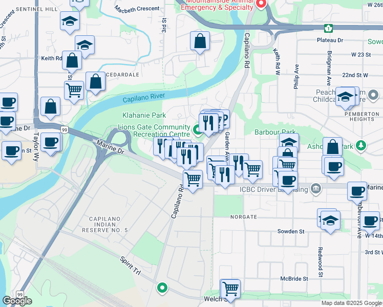 map of restaurants, bars, coffee shops, grocery stores, and more near 1625 Lions Gate Lane in Metro Vancouver