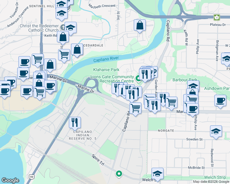 map of restaurants, bars, coffee shops, grocery stores, and more near 200 Klahanie Court in North Vancouver