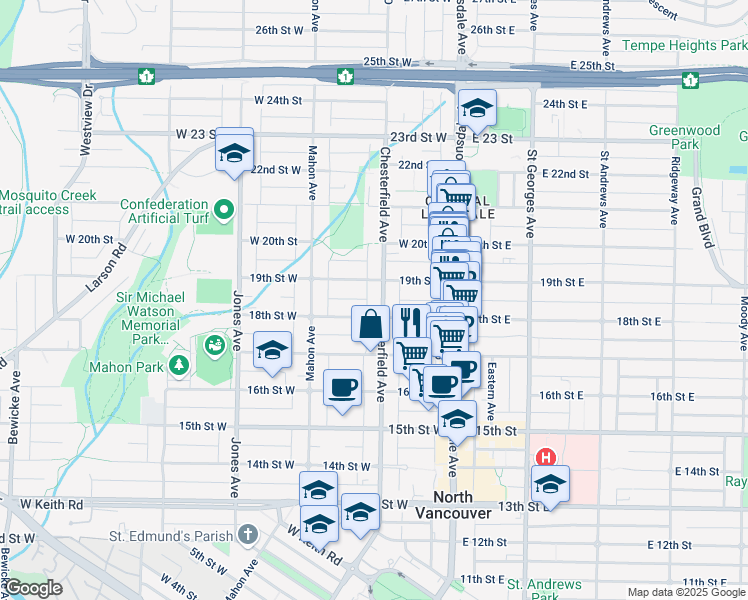 map of restaurants, bars, coffee shops, grocery stores, and more near 1823 Chesterfield Avenue in North Vancouver