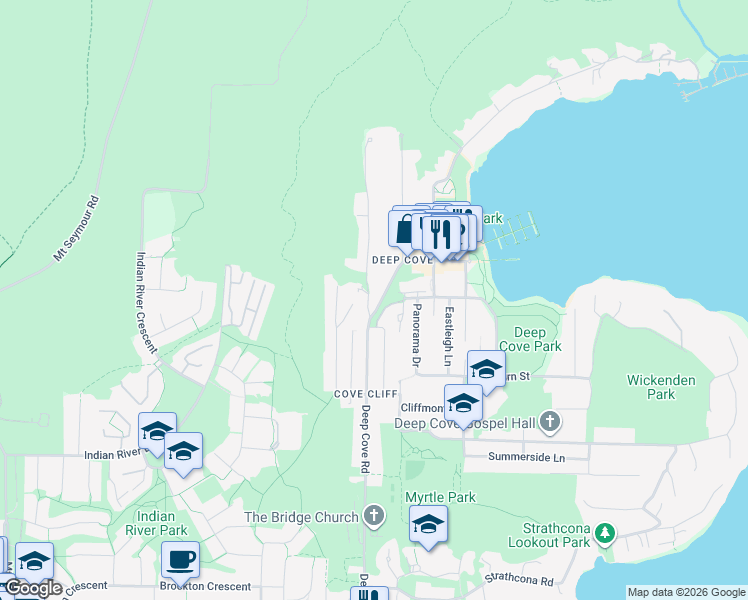 map of restaurants, bars, coffee shops, grocery stores, and more near 2071 Deep Cove Road in North Vancouver