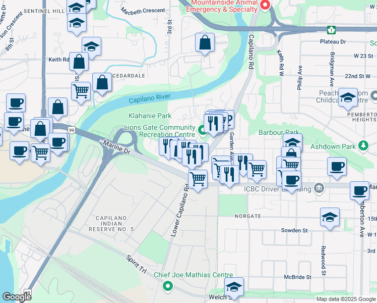map of restaurants, bars, coffee shops, grocery stores, and more near 2025 Curling Road in North Vancouver