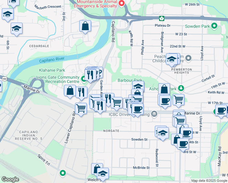map of restaurants, bars, coffee shops, grocery stores, and more near 1685 Hope Road in North Vancouver