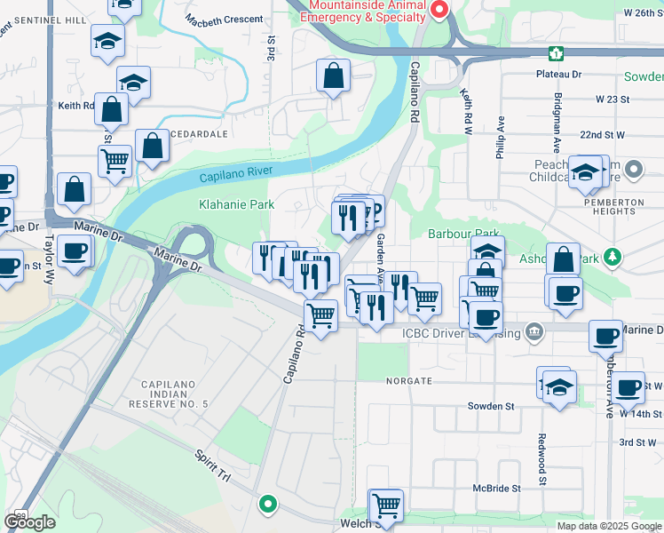 map of restaurants, bars, coffee shops, grocery stores, and more near in North Vancouver