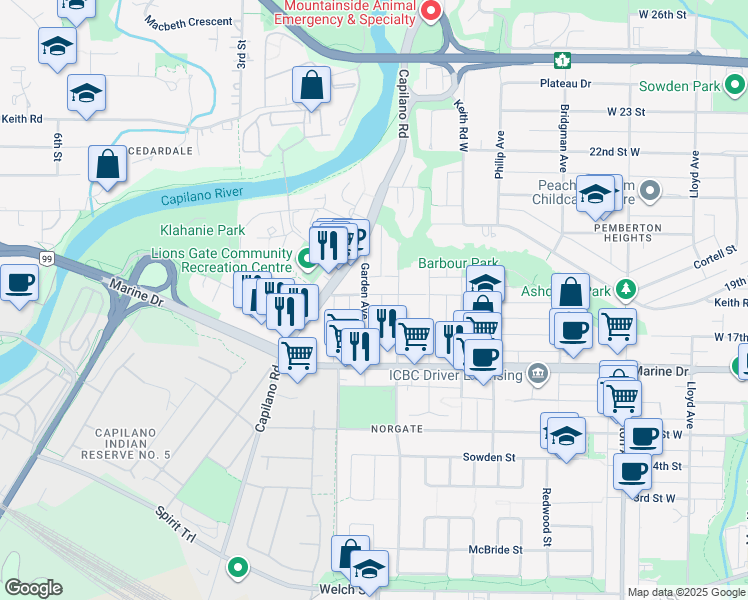 map of restaurants, bars, coffee shops, grocery stores, and more near 1798 Garden Avenue in North Vancouver