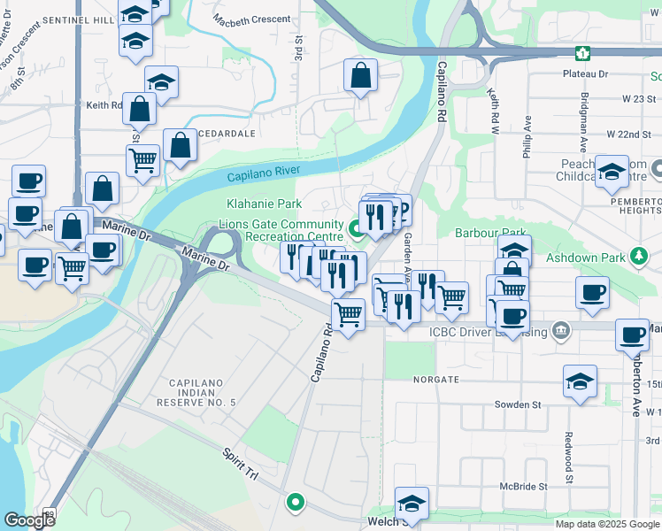 map of restaurants, bars, coffee shops, grocery stores, and more near Curling Road in Metro Vancouver
