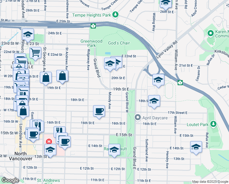 map of restaurants, bars, coffee shops, grocery stores, and more near 526 19th Street East in North Vancouver