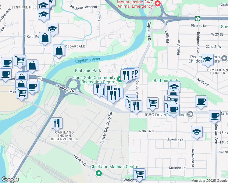 map of restaurants, bars, coffee shops, grocery stores, and more near 2060 Curling Road in North Vancouver