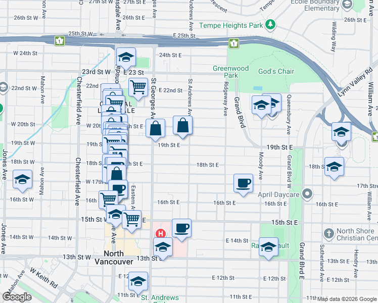 map of restaurants, bars, coffee shops, grocery stores, and more near 737 Saint Andrews Avenue in North Vancouver