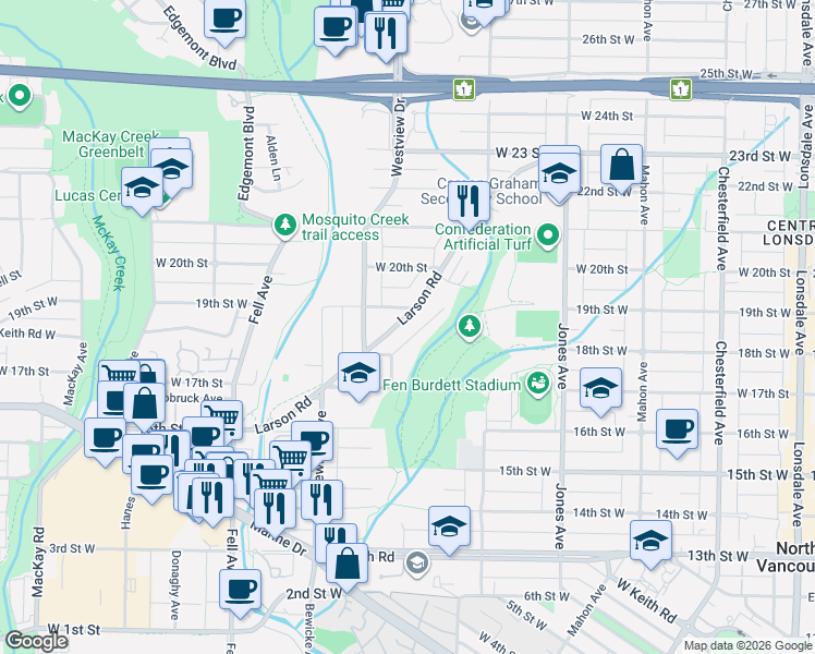 map of restaurants, bars, coffee shops, grocery stores, and more near in North Vancouver
