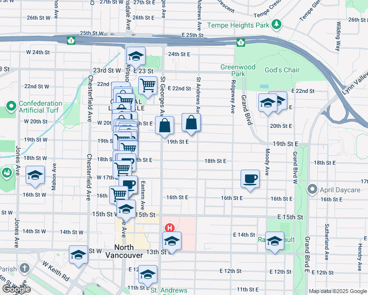 map of restaurants, bars, coffee shops, grocery stores, and more near 243 19th Street East in North Vancouver