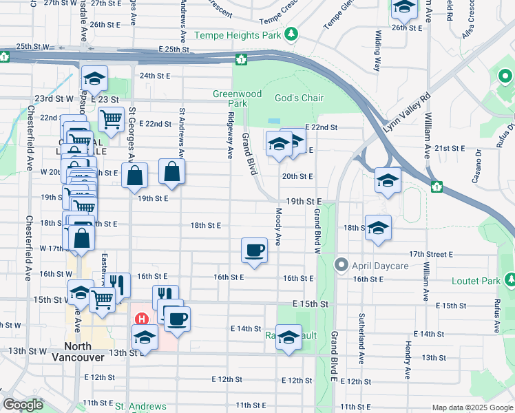 map of restaurants, bars, coffee shops, grocery stores, and more near 439 19th Street East in North Vancouver