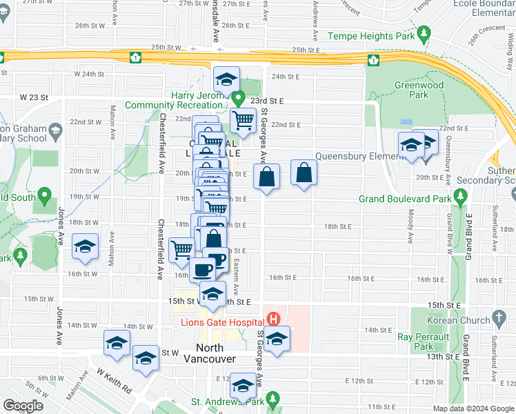 map of restaurants, bars, coffee shops, grocery stores, and more near in North Vancouver