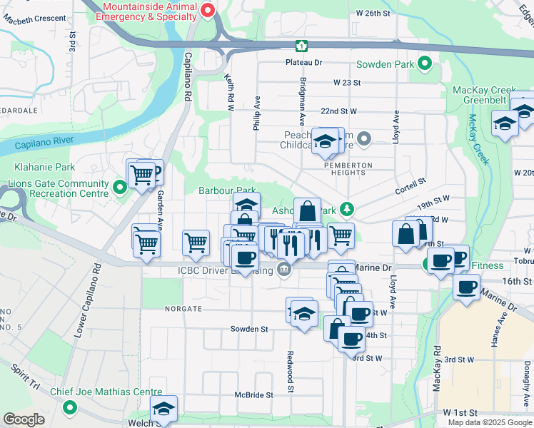 map of restaurants, bars, coffee shops, grocery stores, and more near 1368 Hope Road in North Vancouver