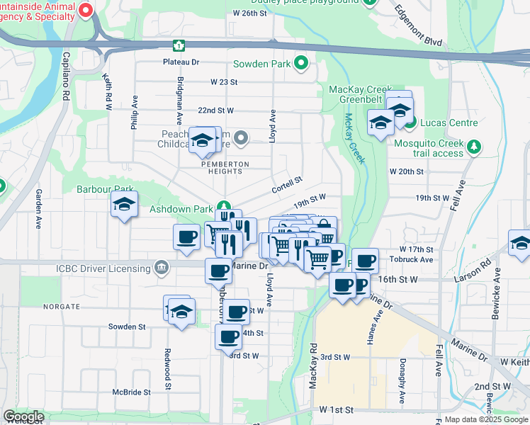 map of restaurants, bars, coffee shops, grocery stores, and more near 1144 Keith Road in North Vancouver