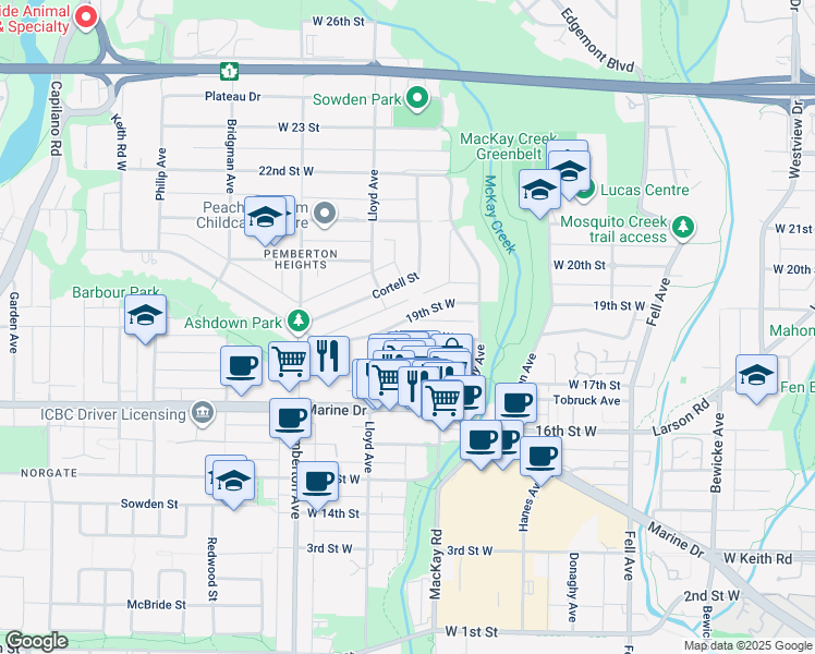 map of restaurants, bars, coffee shops, grocery stores, and more near 1090 Keith Road West in North Vancouver