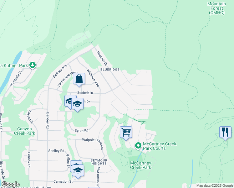 map of restaurants, bars, coffee shops, grocery stores, and more near 2086 Tompkins Crescent in North Vancouver