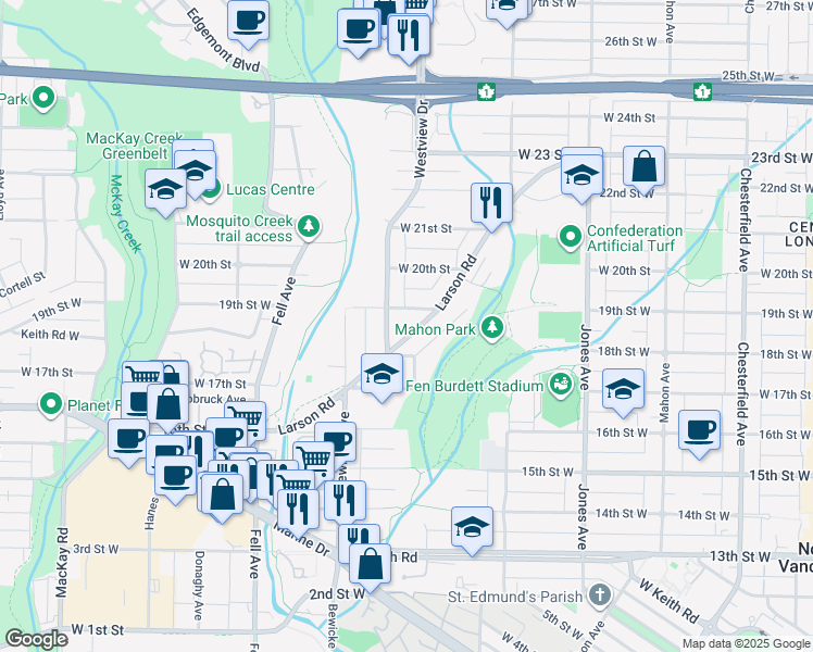 map of restaurants, bars, coffee shops, grocery stores, and more near 1837 Larson Road in North Vancouver
