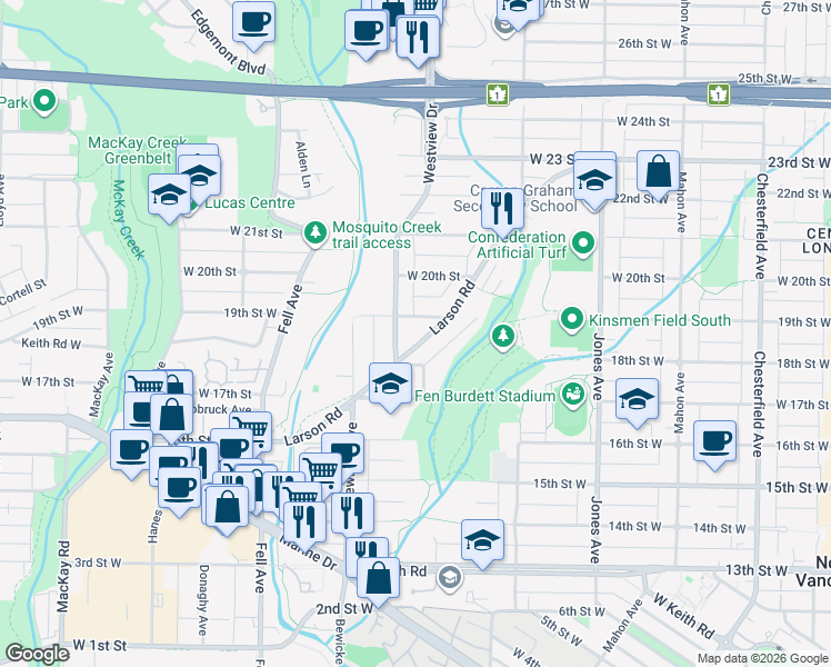 map of restaurants, bars, coffee shops, grocery stores, and more near in North Vancouver