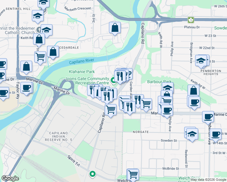 map of restaurants, bars, coffee shops, grocery stores, and more near 1675 Lions Gate Lane in North Vancouver