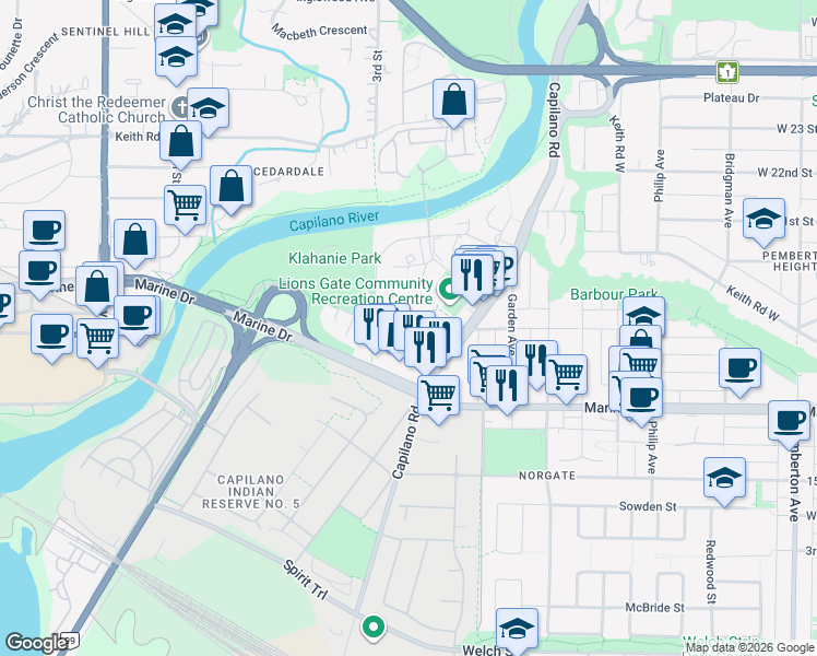 map of restaurants, bars, coffee shops, grocery stores, and more near in North Vancouver